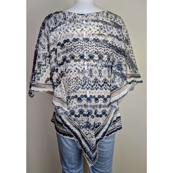 One World Top Blouse XL Gray Mixed Print Sheer Layered Scarf Flutter Sleeve - Picture 6 of 12